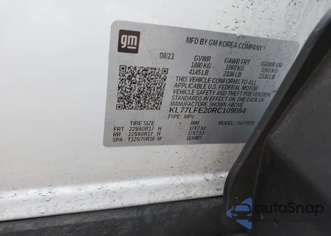 2024 Chevrolet Trax Fwd Sp из США, поврежденный, VIN KL77LFE20RC109084